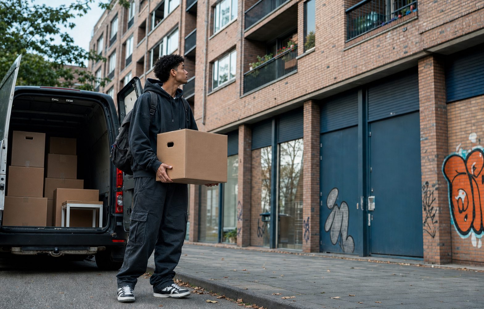 Jongvolwassene met verhuisdoos bij een wooncomplex en open verhuisbus