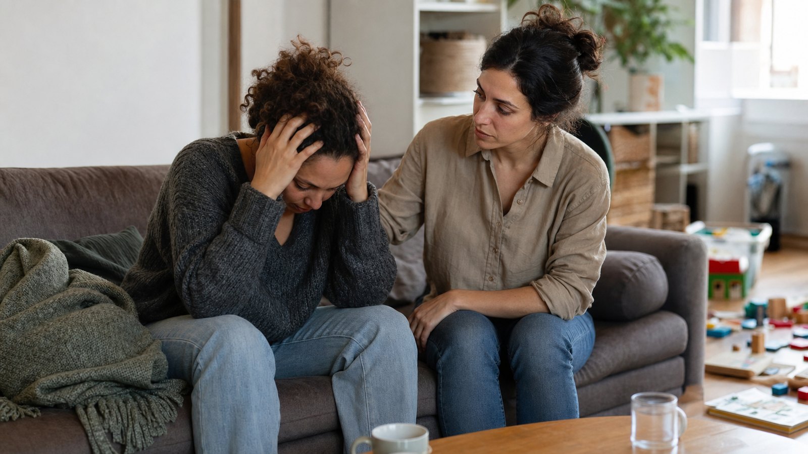 Een persoon biedt steun aan iemand die zich teneergeslagen voelt