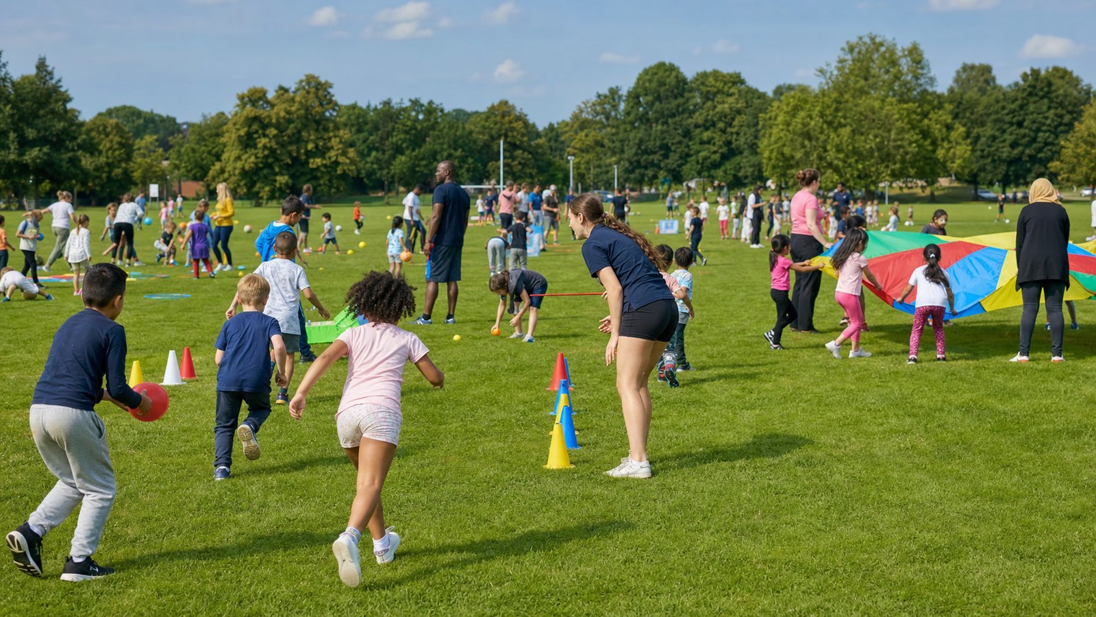 Kinderen en begeleiders tijdens een spelletjesdag op een grasveld